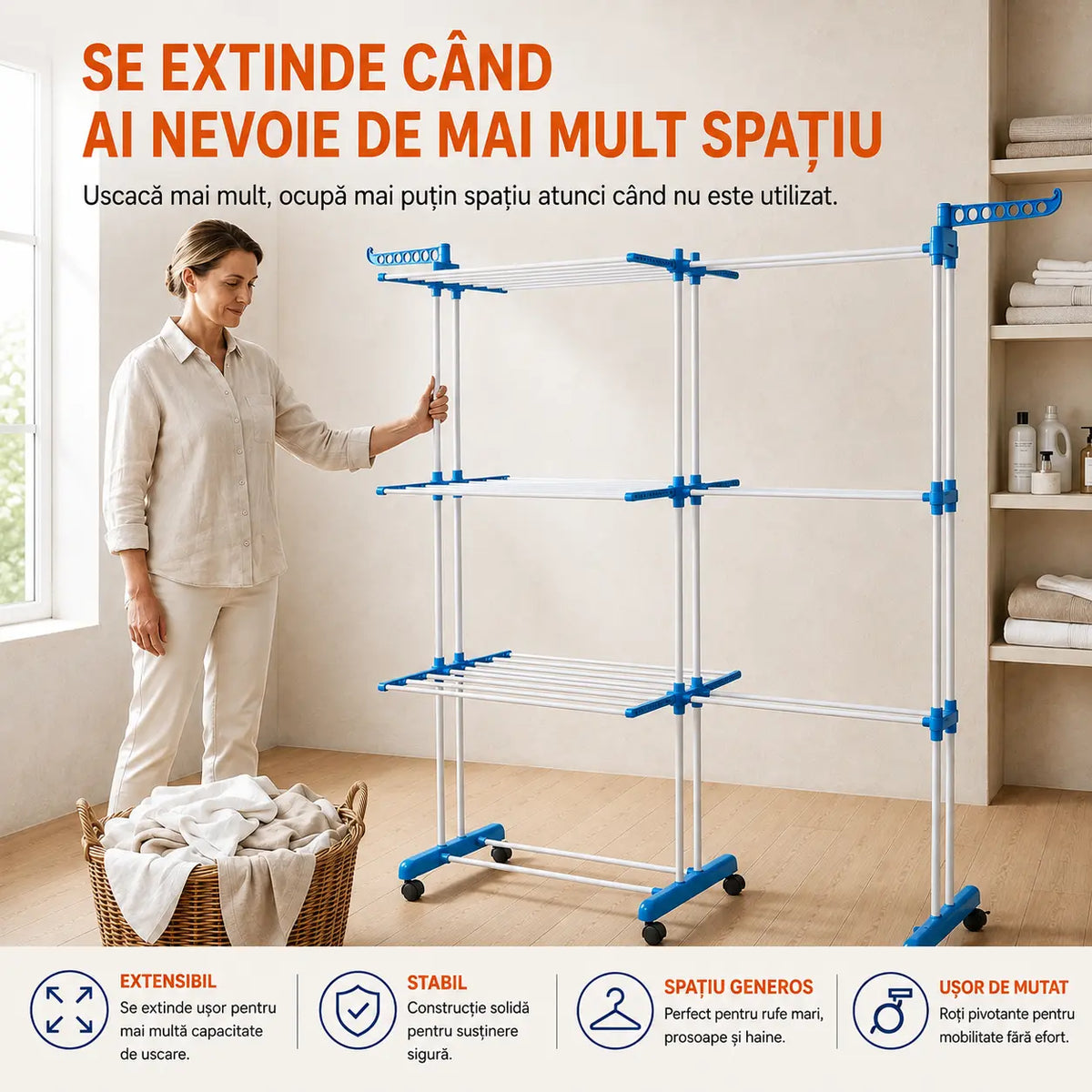 Uscător Rufe Vertical Dublu Pliabil, Anti-Rugină, 170 cm, Albastru