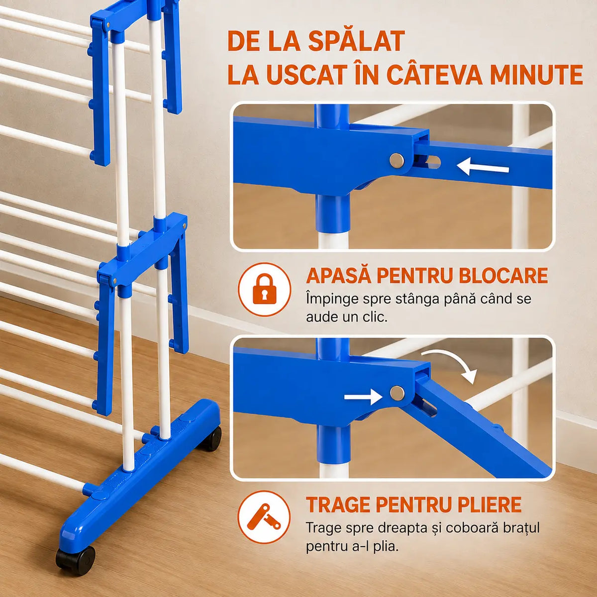 Uscător Rufe Vertical Dublu Pliabil, Anti-Rugină, 170 cm, Albastru