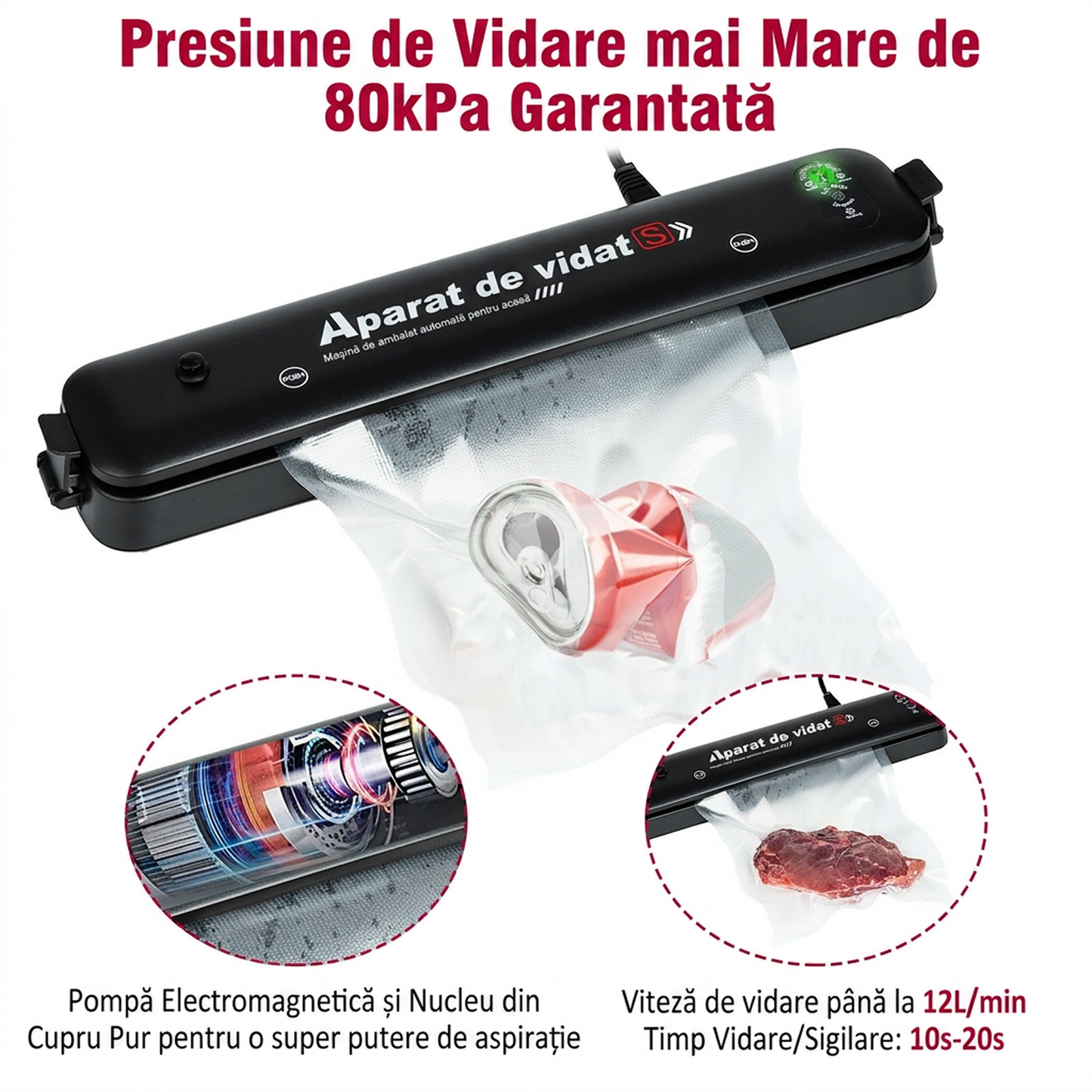 Aparat de Sigilat si Vidat Alimente | 220V 90W | Mod Automat si Manual | Indicator LED | Alimente Uscate si Umede | Compact Portabil