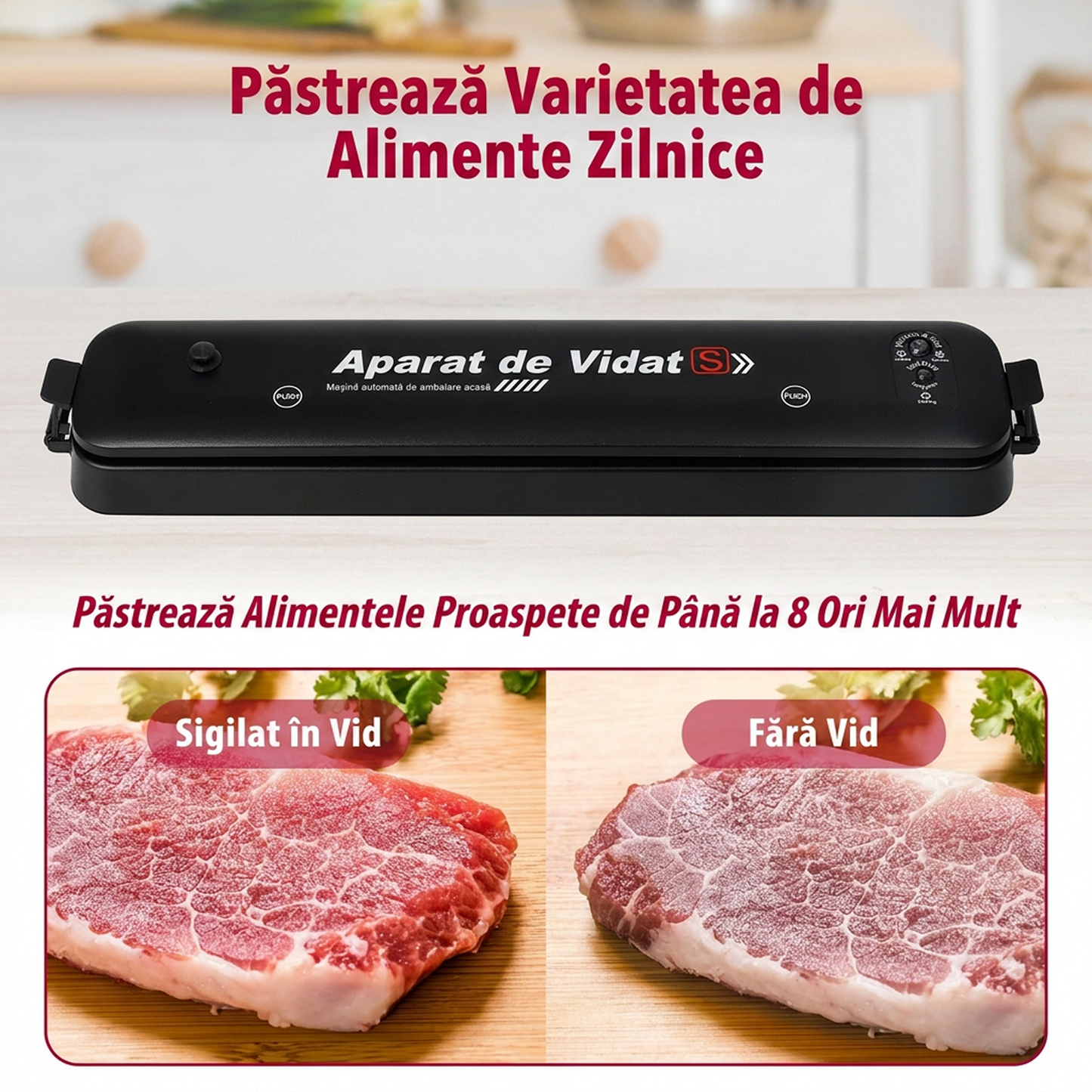 Aparat de Sigilat si Vidat Alimente | 220V 90W | Mod Automat si Manual | Indicator LED | Alimente Uscate si Umede | Compact Portabil