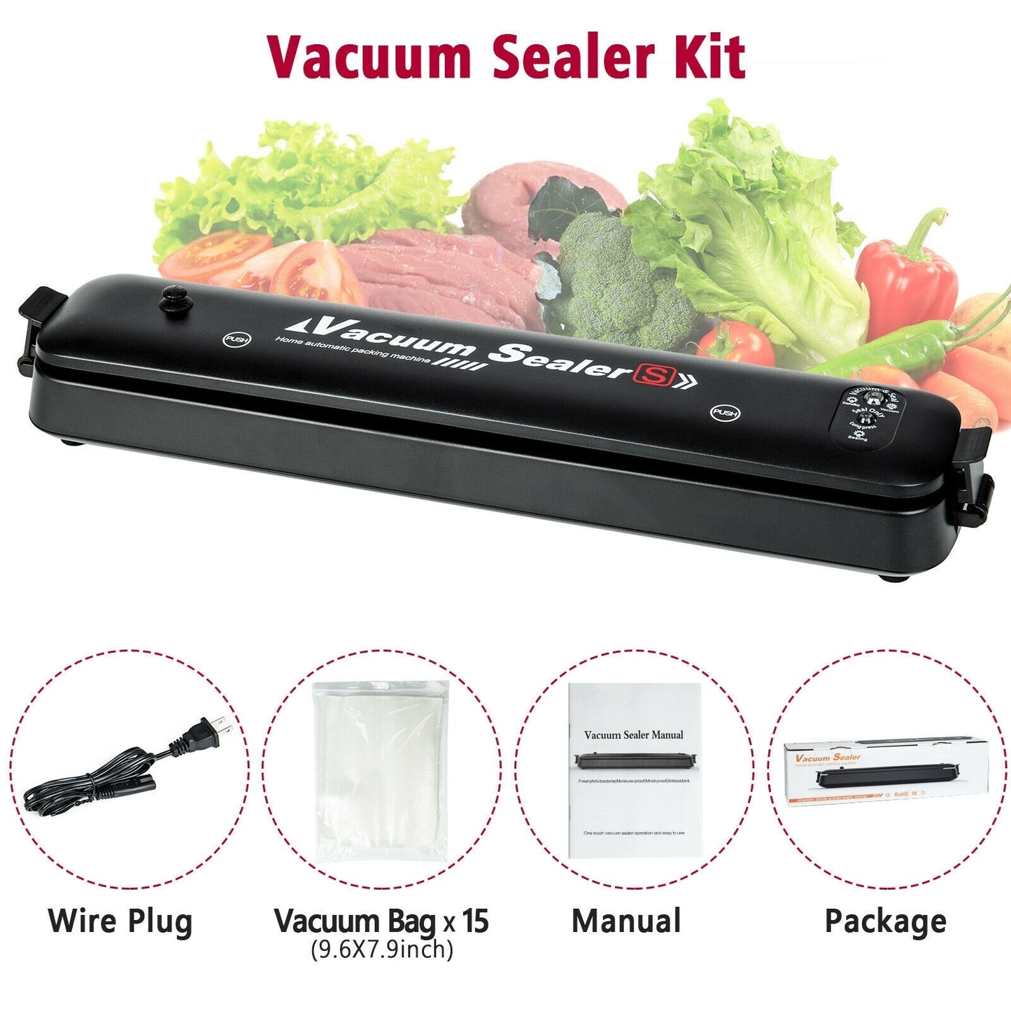 Aparat de vidat alimente, automat, negru, 90w + 30 pungi pentru vidat