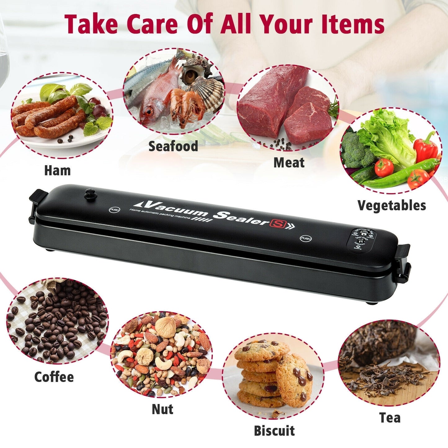 Aparat de vidat alimente, automat, negru, 90w + 30 pungi pentru vidat
