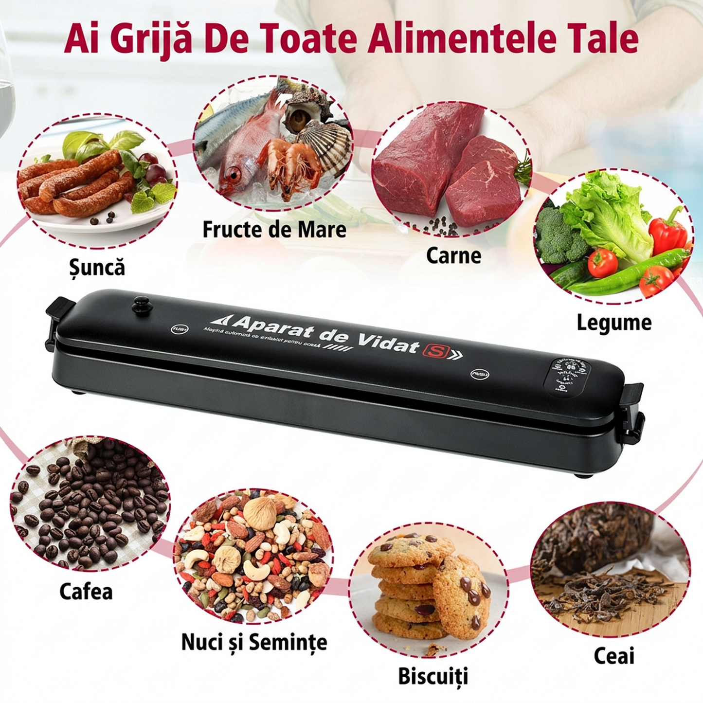 Aparat de Sigilat si Vidat Alimente | 220V 90W | Mod Automat si Manual | Indicator LED | Alimente Uscate si Umede | Compact Portabil