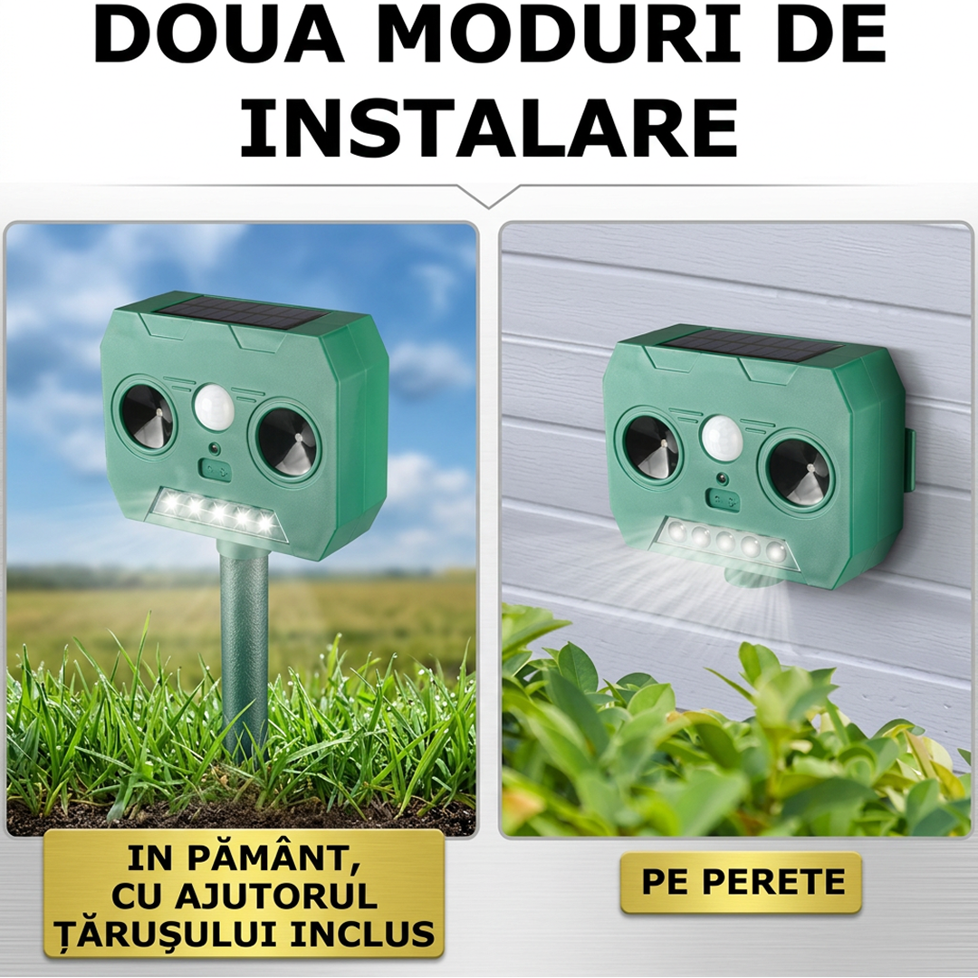 1+1 Promo Aparat Cu Ultrasunete Impotriva Animalelor Salbatice | Solar | 2 Moduri | Senzor Miscare | IP44