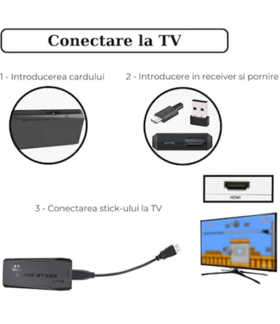 Consola De Jocuri Retro Tip Stick 64GB – 10000 Jocuri, 9 Emulatoare, 2x Controller Wireless 2.4GHz, HDMI, USB
