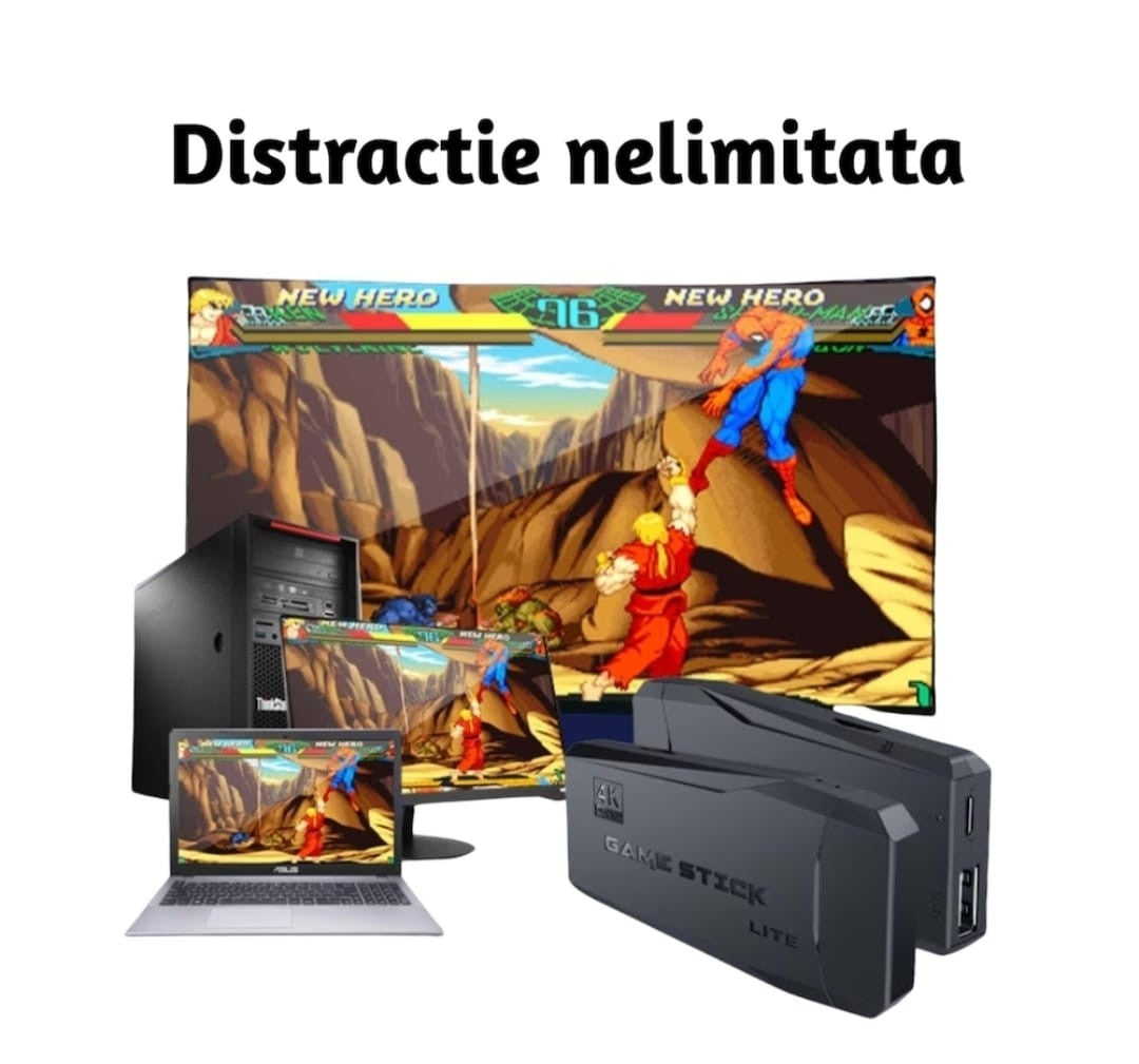 Consola De Jocuri Retro Tip Stick 64GB – 10000 Jocuri, 9 Emulatoare, 2x Controller Wireless 2.4GHz, HDMI, USB