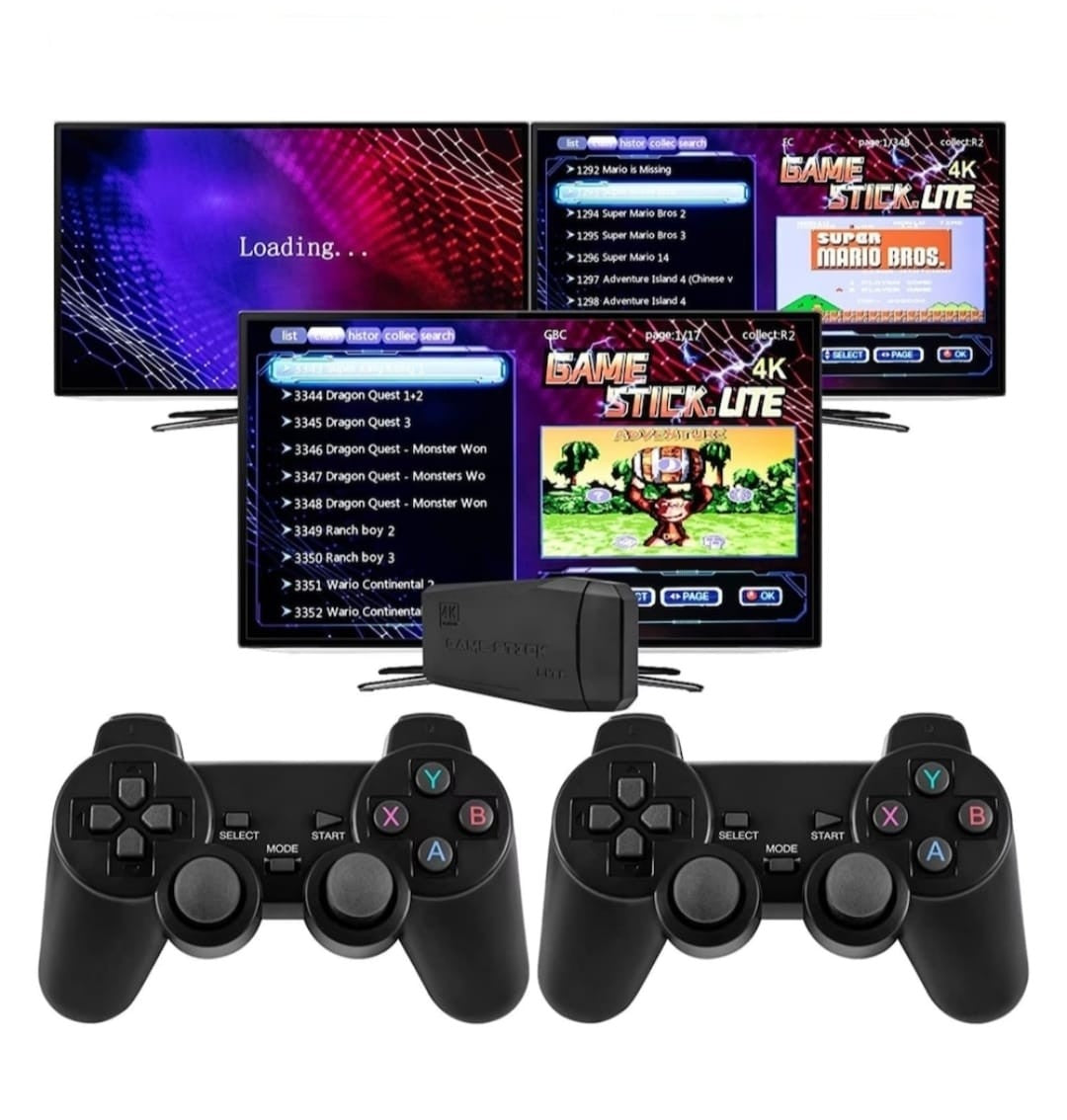 Consola De Jocuri Retro Tip Stick 64GB – 10000 Jocuri, 9 Emulatoare, 2x Controller Wireless 2.4GHz, HDMI, USB