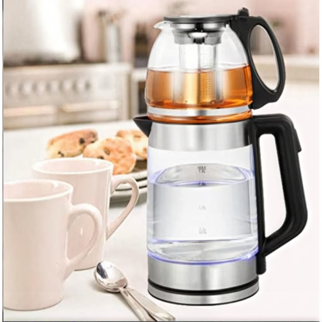 Stație de Ceai 2 în 1: Fierbător Electric 2,2 L și Ceainic de Sticlă 0,8 L cu Infuzor Inox