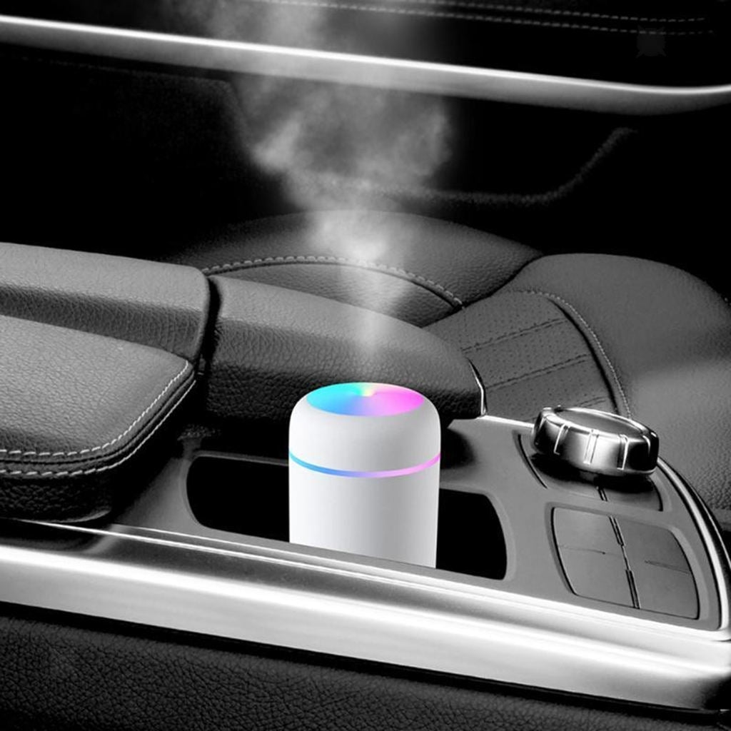 PROMO - Umidificator si Difuzor Aromaterapie cu ultrasunete, capacitate 300ML, LED 7 culori + Set 12 uleiuri esential, 3 ml, de fructe si flori, parfum Purificator si Umidificator si SPA
